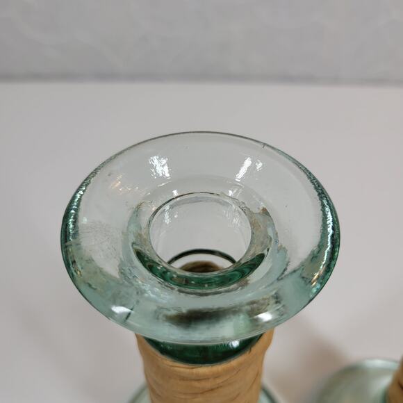 Vintage Glass Wrapped Twine Candlestick Holders Rustic Primitive Home Decor - Picture 2 of 12